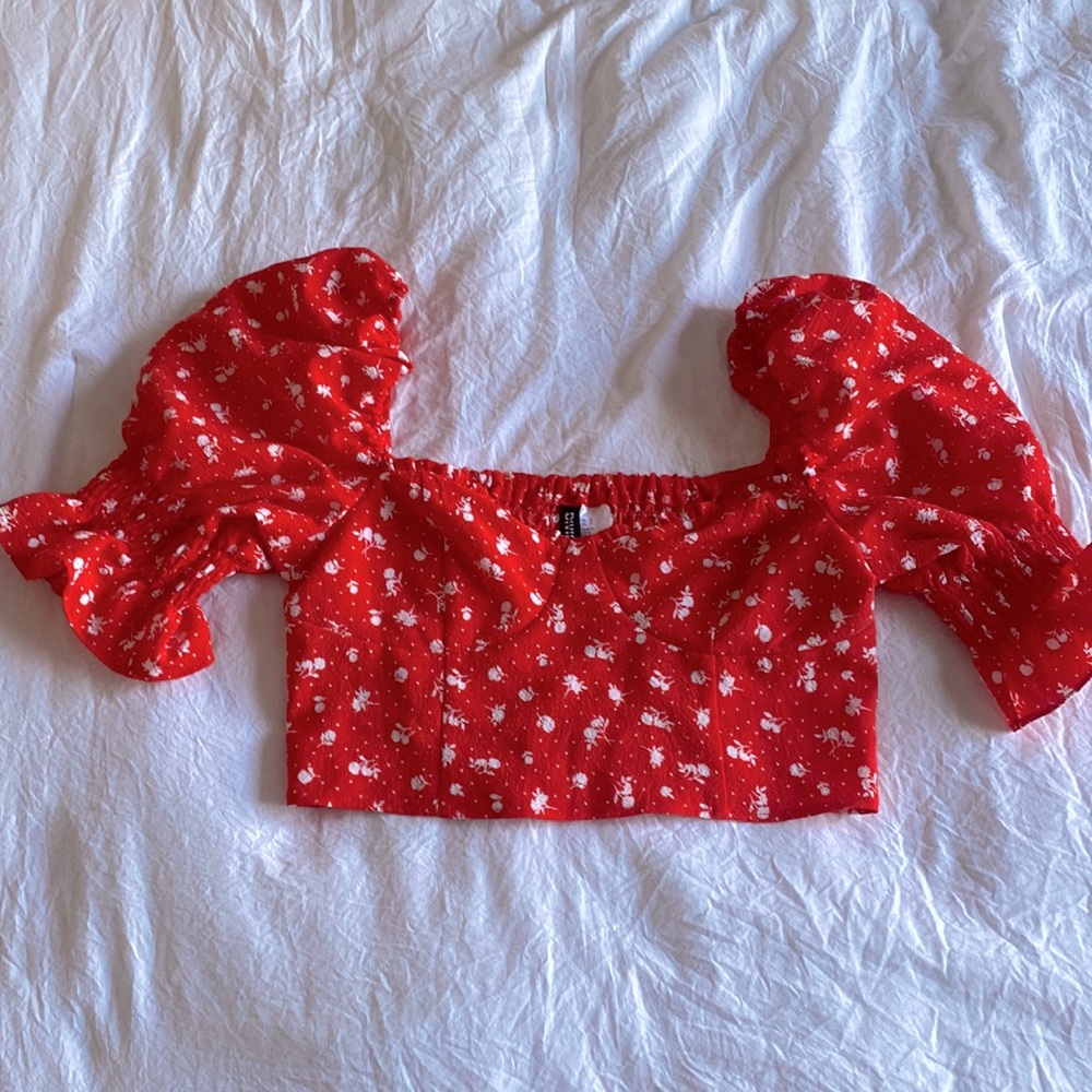 H&M Divided Puff Sleeve Crop Blouse Red Size Small NWT